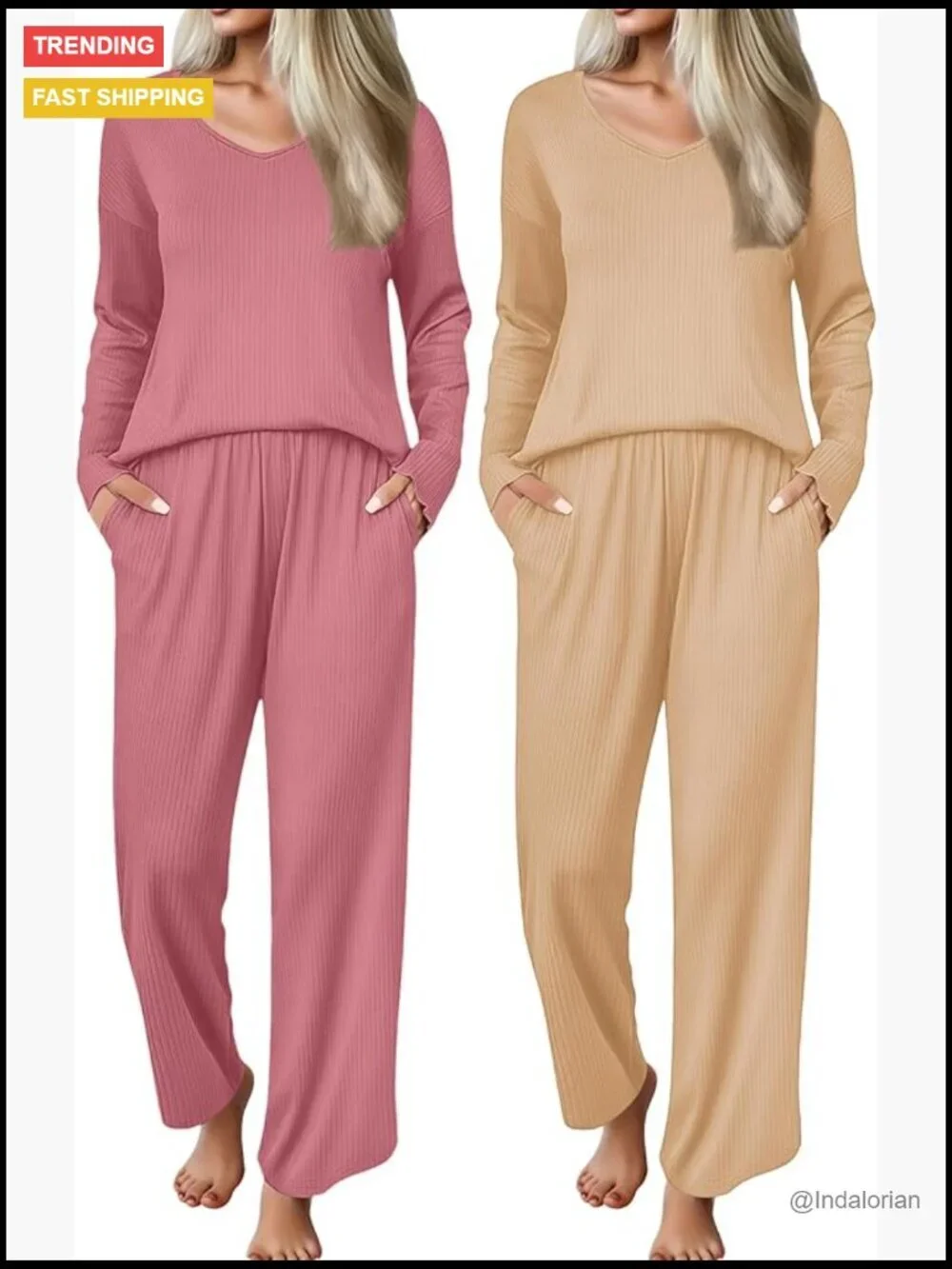 Ribbed Knit Pajama Set Long Sleeve V-Neck Loose Matching Outfit